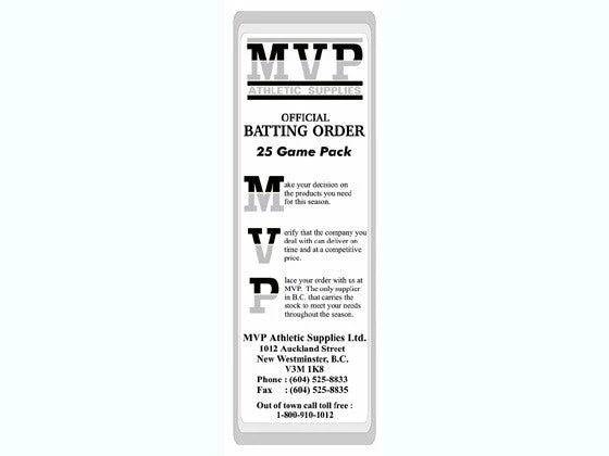 MVP Athletic Supplies Line Up Cards 3 MVP Athletic Supplies Line Up Cards